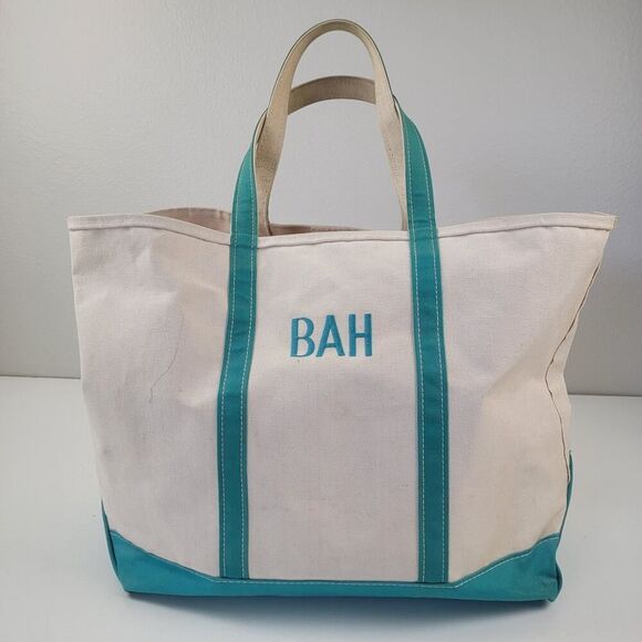 Vintage L.L. Bean Boat & Tote Canvas Blue Green Cream‎ Bag Large Top Handle - Picture 1 of 16